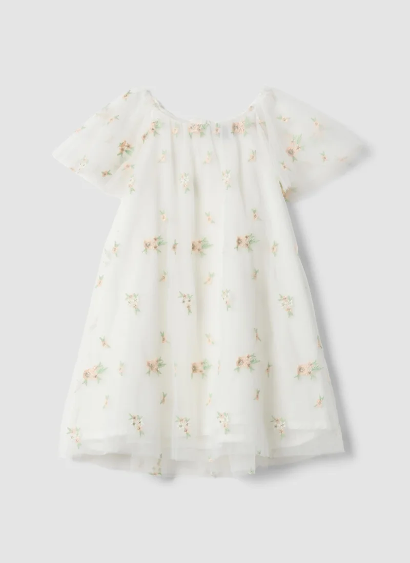 او في اس OVS White Girlsâ€™ Dress With Floral Embroidery, Regular Fit