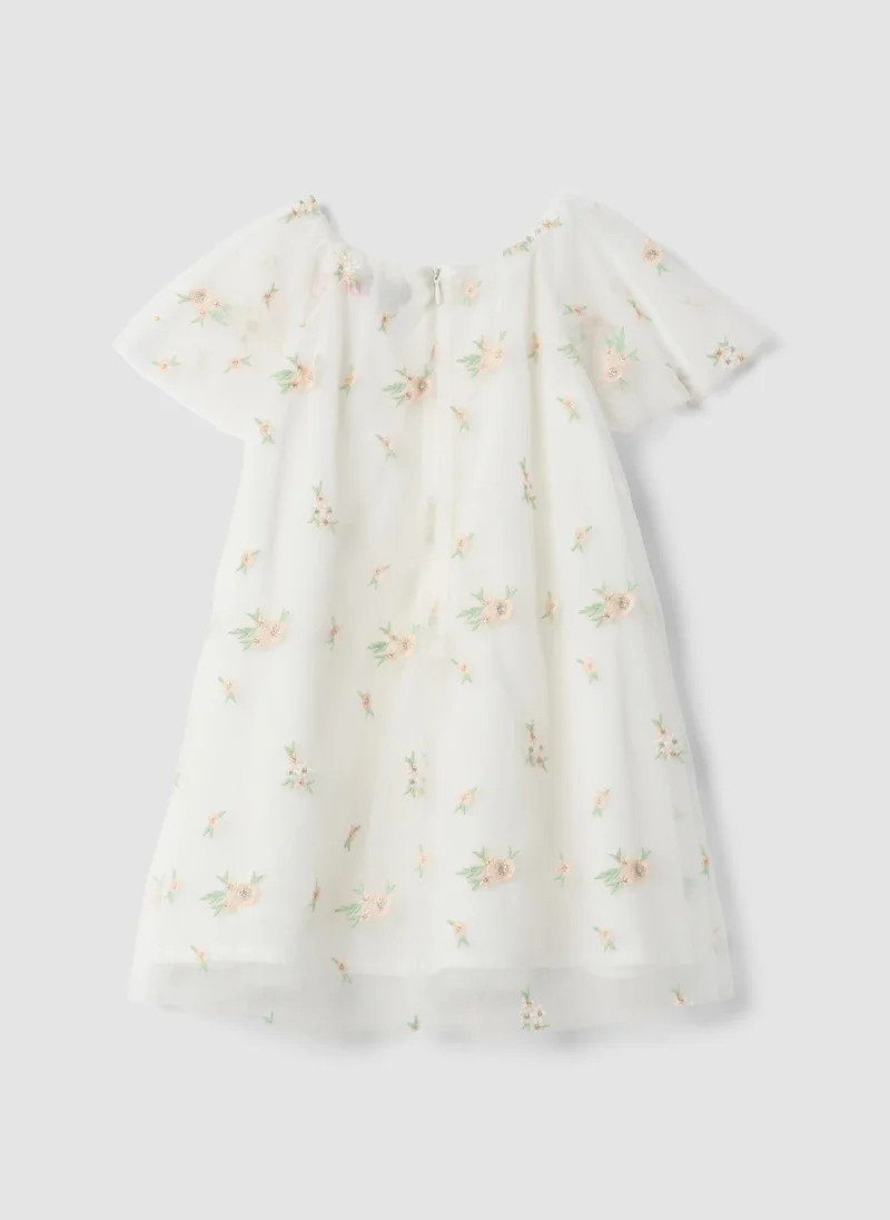 او في اس OVS White Girlsâ€™ Dress With Floral Embroidery, Regular Fit