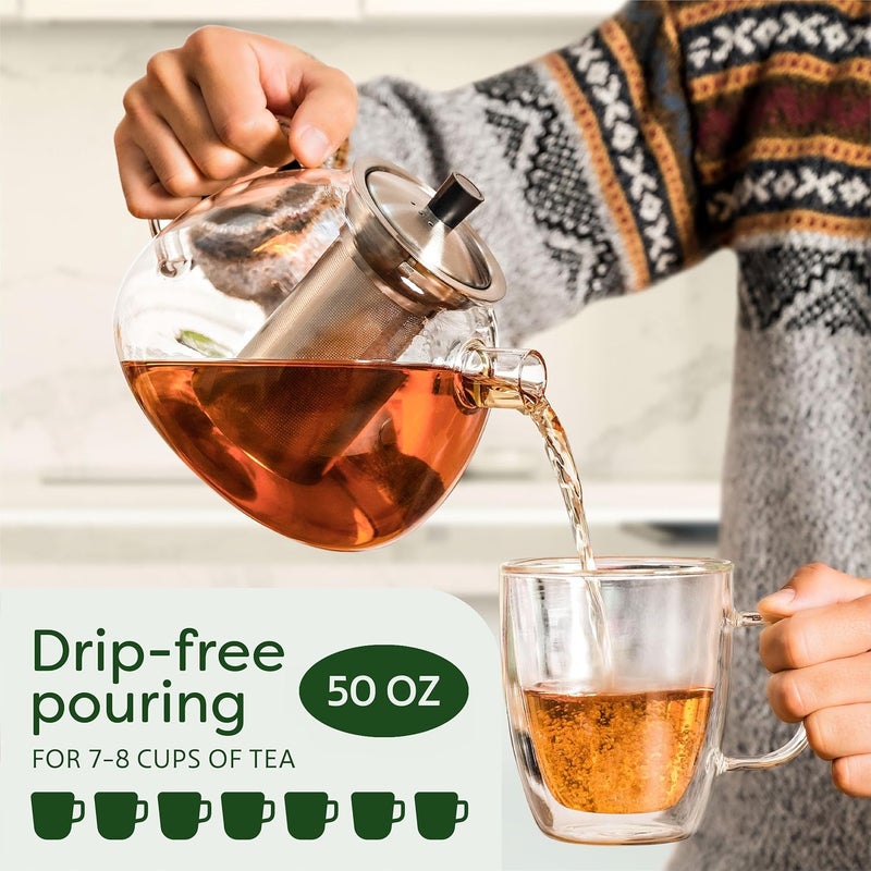 Cosumy إبريق شاي كوسومي مع مصفاة ومدفأة - 1.5 لتر - يحافظ على الدفء لفترة طويلة - آمن للغسيل في غسالة الأطباق - صانع شاي زجاجي كبير - Image 5