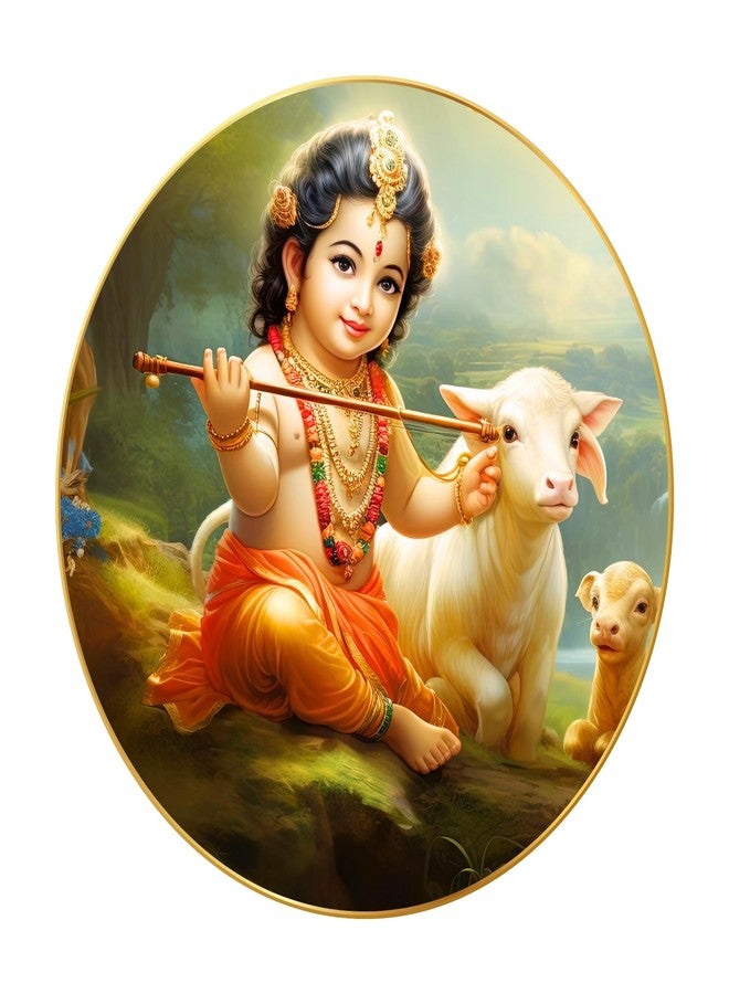 Nozvera Modern Radha Krishna Wall Painting with Frame - Sparkle Glossy Round Golden Framed Large Painting for Office, Living Room, Bedroom, Home Wall Decoration (Design 20, 40 CM * 40 CM) - Image 1
