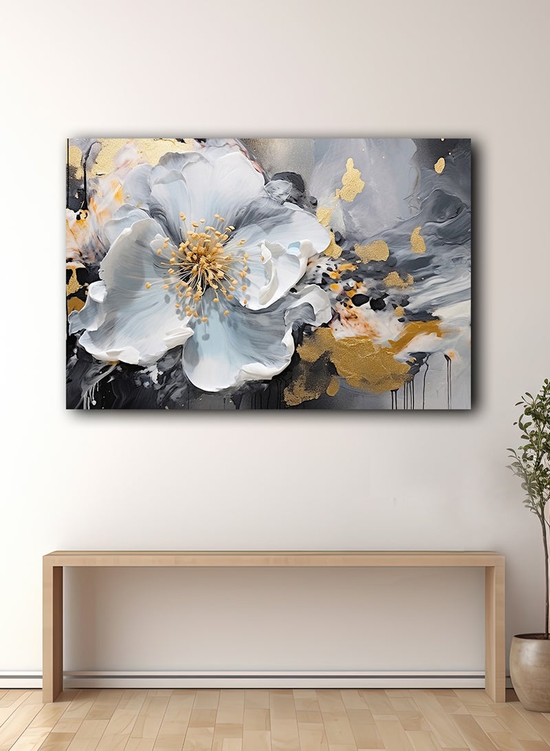 LOWHA Canvas Wall Art Stretched Over Wooden Frame with Golden Flower Abstract Painting - Image 1