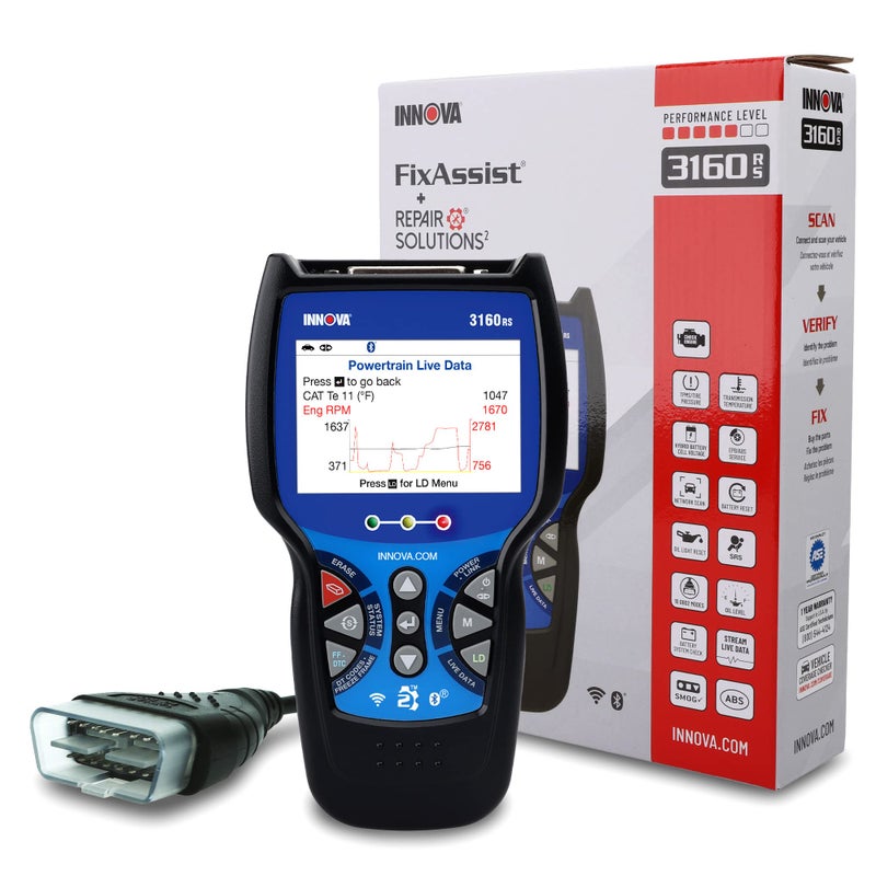 INNOVA 3160RS OBD2 Scanner ABS Brake Bleeder ABS SRS Engine Transmission Diagnoses Airbag Light Reset Car Battery Tester Alternator Tester Battery Reset Fix Parts Recommendations