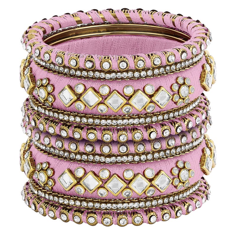 PEORA Ethnic Silk Thread Fabric Stone Studded Kundan Chura Chuda Bangle Set for Women (Size 2.6 Inch) - Image 2