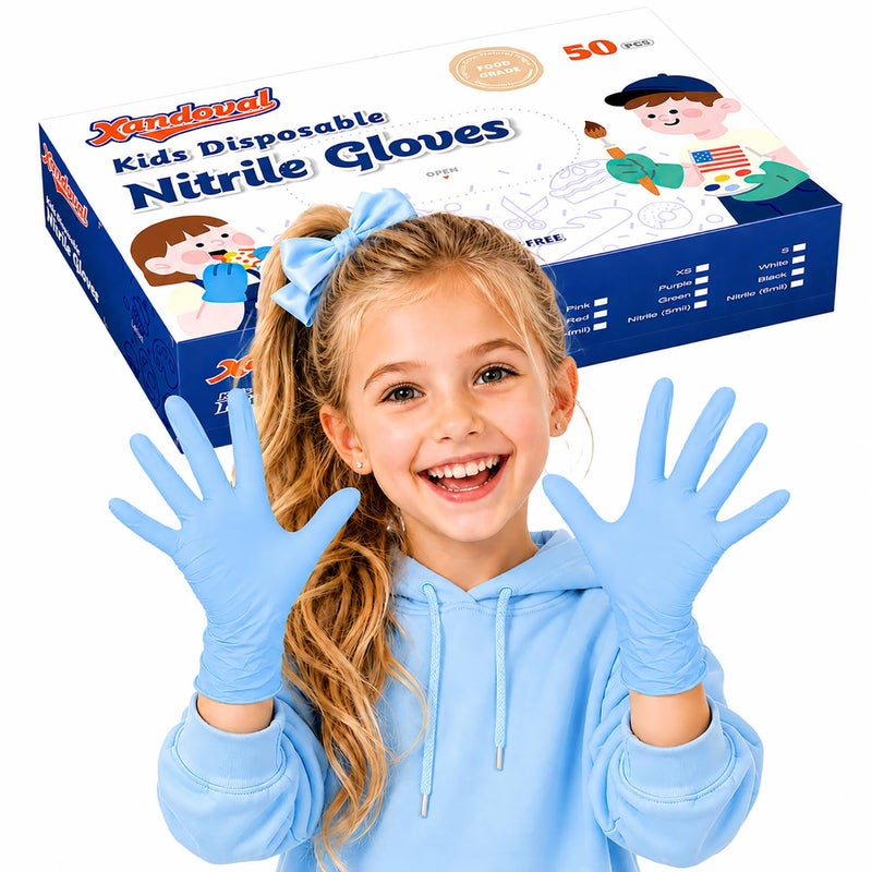 Xandoval Kids Disposable Gloves for 38 Years 5Mil Blue Nitrile Gloves with LatexFree and PowderFree Durable and Protective for Work Cleaning Cooking Gardening XS50PCS - Image 2