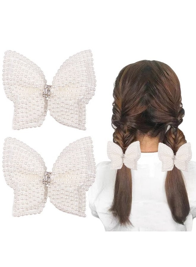 دينبري ربطات شعر من اللؤلؤ بطبقتين للبنات، مشبك شعر على شكل زهرة فراشة بيضاء على شكل تمساح، إكسسوارات شعر لحفلات الزفاف من أحجار الراين للأطفال الرضع والأطفال الصغار وهدايا حفلات الكريسماس (4 قطع) - Image 2