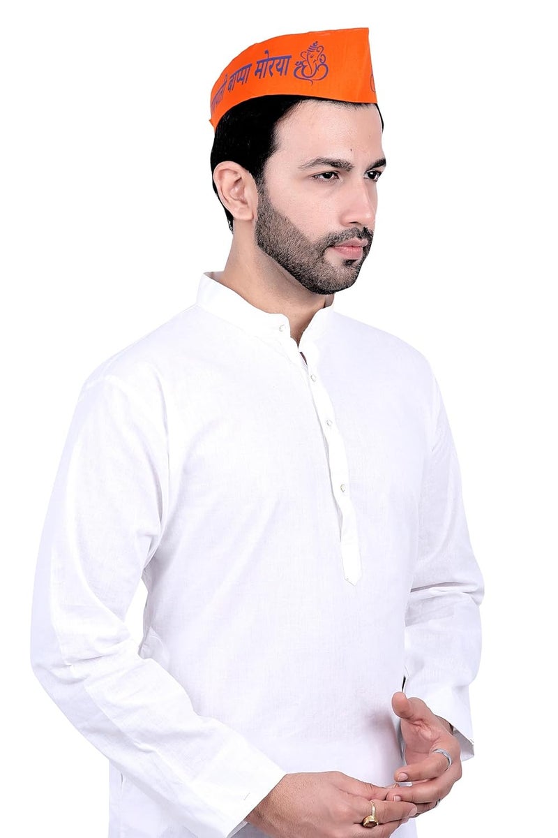 PRIYAKANT SAFAWALA Traditional Handstitch Ready to Wear Ganpati Bappa Printed Topi Cap and Special Ganesh Chaturthi Festival Pooja Visarjan Topi Use It Unisex Pack of 12 Orange Size Free - Image 2