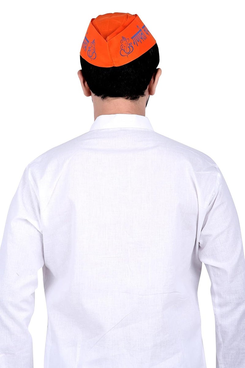 PRIYAKANT SAFAWALA Traditional Handstitch Ready to Wear Ganpati Bappa Printed Topi Cap and Special Ganesh Chaturthi Festival Pooja Visarjan Topi Use It Unisex Pack of 12 Orange Size Free - Image 4