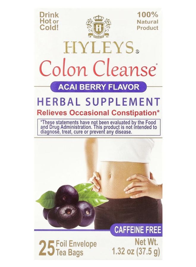 HYLEYS Tea تنظيف القولون خالي من الكافيين توت الأكاي 25 كيس شاي مغلف 0.05 أونصة (1.5 جرام) لكل منها
