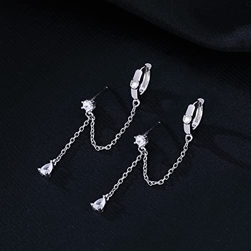 SLUYNZ 925 Sterling Silver Double Piercing Earrings Huggie Cuff Droplet Chain for Women Teen Girls Holes Dangle Cartilage Helix Earrings Chain (A-Silver) - Image 4