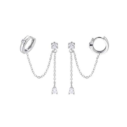 SLUYNZ 925 Sterling Silver Double Piercing Earrings Huggie Cuff Droplet Chain for Women Teen Girls Holes Dangle Cartilage Helix Earrings Chain (A-Silver) - Image 1