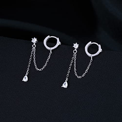SLUYNZ 925 Sterling Silver Double Piercing Earrings Huggie Cuff Droplet Chain for Women Teen Girls Holes Dangle Cartilage Helix Earrings Chain (A-Silver) - Image 5