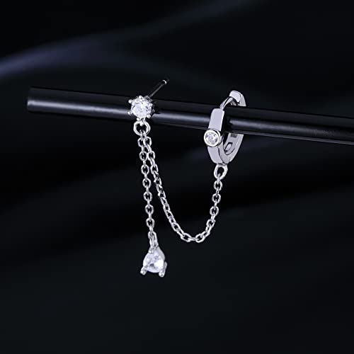 SLUYNZ 925 Sterling Silver Double Piercing Earrings Huggie Cuff Droplet Chain for Women Teen Girls Holes Dangle Cartilage Helix Earrings Chain (A-Silver) - Image 3