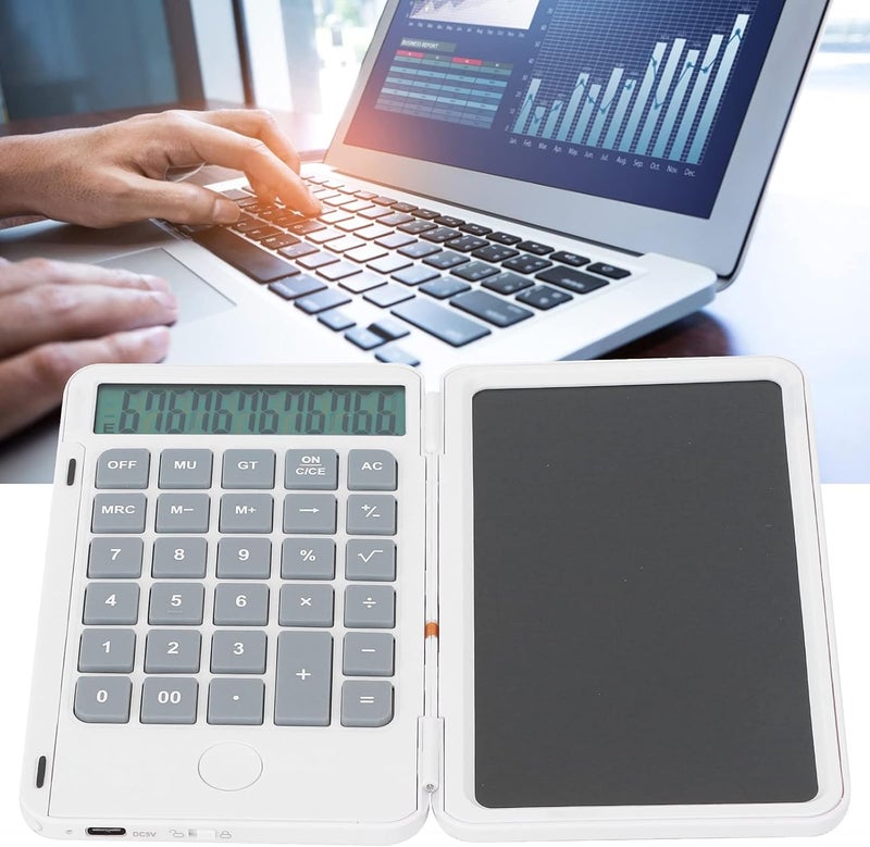 cheekyglo Foldable Calculator, Office Calculators with Writing Tablet, Rechargeable Counter with Pen, 12 Digits Large Display Desk Calculators, for Students Clerk School Office (White) - Image 5