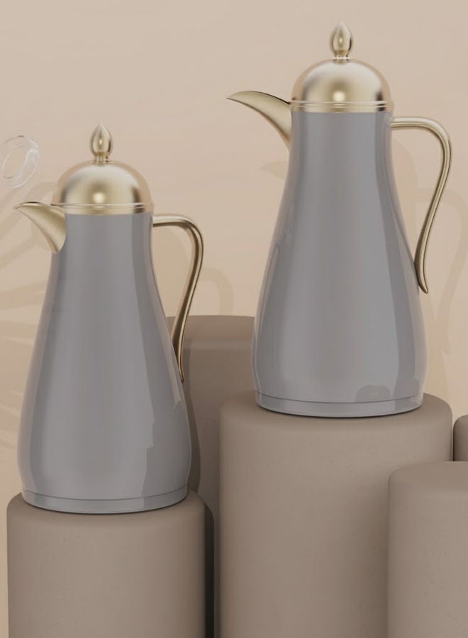 GAZELLA 2-Piece Plastic Tea/Coffee Flask Set 1Liter & 1Liter Grey/Gold with Borosilicate Glass Inside - Image 1