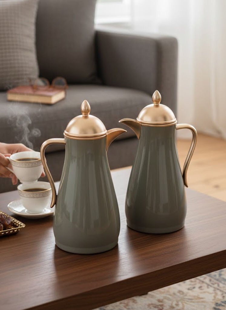 GAZELLA 2-Piece Plastic Tea/Coffee Flask Set 1Liter & 1Liter Grey/Gold with Borosilicate Glass Inside - Image 2