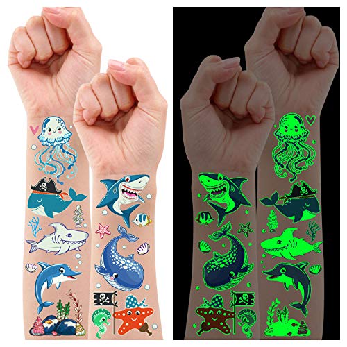 Partywind 130 Styles Luminous Shark Temporary Tattoos for Kids Glow Shark Birthday Decorations Party Favors Supplies for Boys and Girls Ocean Under Sea Fake Tattoo Stickers 10 Sheets