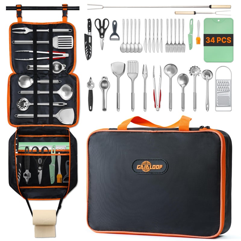 Gaialoop Camping Cooking Utensils Set 34 PCS Camp Kitchen Cookware Kit with Organizer Bag, Portable RV Camping Essentials Camper Must Haves for Cookouts Open Fire Pit - Image 1
