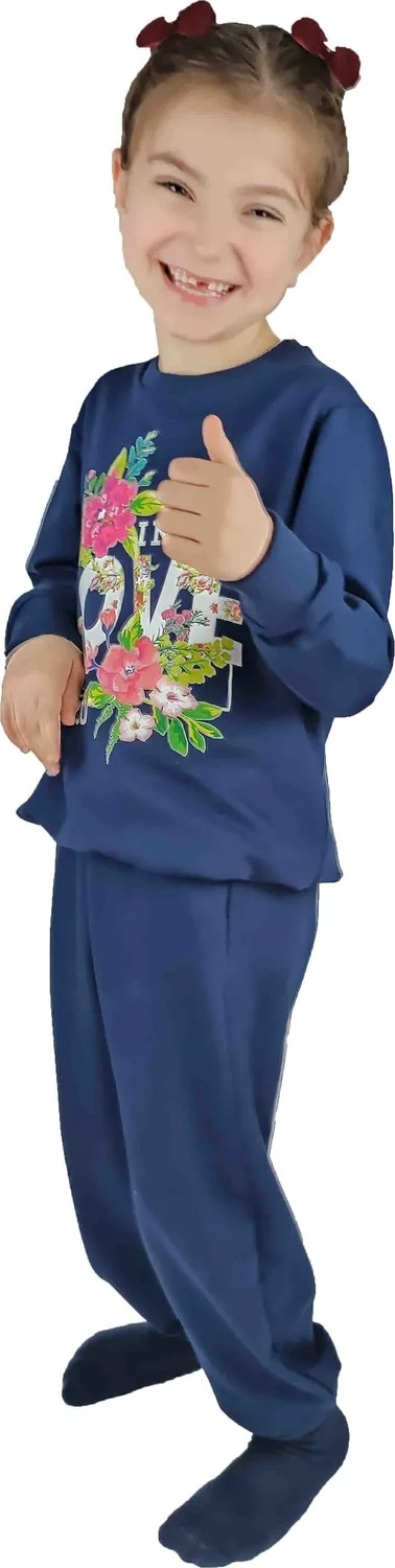 Bluence Girl Waitress Navy Blue Printed Cotton Tracksuit Set