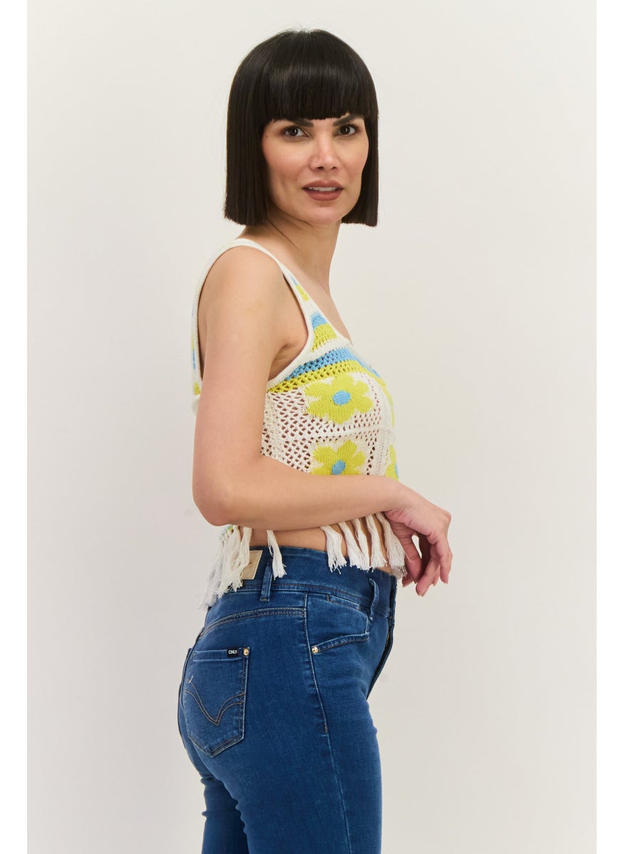 Lefties Women Scoop Neck Knitted Sleeveless Tank Top, White combo  - Image 2