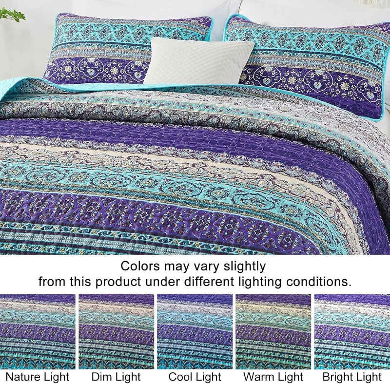WONGS BEDDING مجموعة أغطية الأسرّة بأسلوب البوهو من WONGS، حجم كينغ، لون أزرق وبنفسجي، مجموعة أغطية أسرّة بأسلوب البوهو للسرير الملكي، غطاء سرير خفيف من القطن الميكروفيبر مثالي لجميع المواسم، مقاس 103" × 90" (3 قطعة) - Image 3