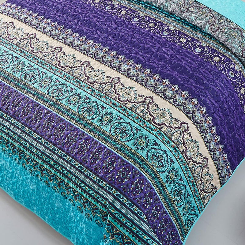 WONGS BEDDING مجموعة أغطية الأسرّة بأسلوب البوهو من WONGS، حجم كينغ، لون أزرق وبنفسجي، مجموعة أغطية أسرّة بأسلوب البوهو للسرير الملكي، غطاء سرير خفيف من القطن الميكروفيبر مثالي لجميع المواسم، مقاس 103" × 90" (3 قطعة) - Image 4