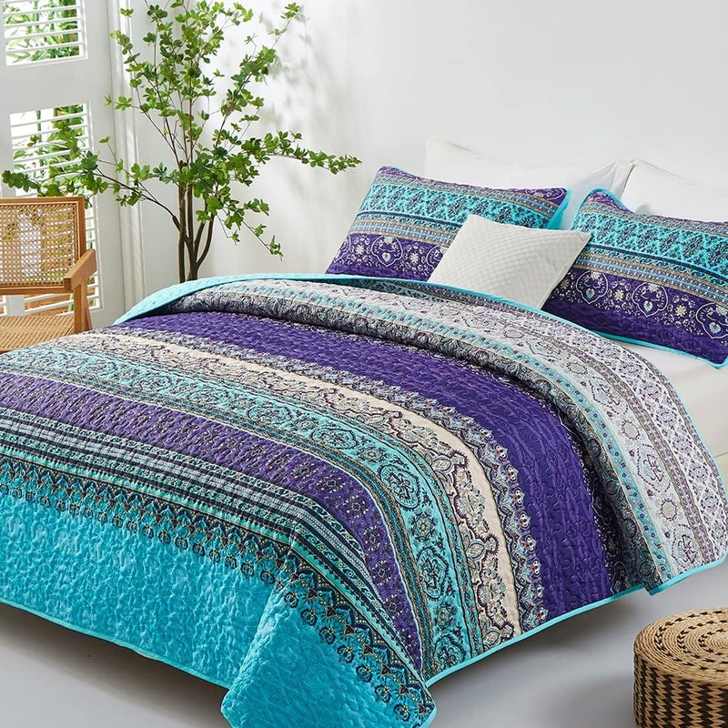 WONGS BEDDING مجموعة أغطية الأسرّة بأسلوب البوهو من WONGS، حجم كينغ، لون أزرق وبنفسجي، مجموعة أغطية أسرّة بأسلوب البوهو للسرير الملكي، غطاء سرير خفيف من القطن الميكروفيبر مثالي لجميع المواسم، مقاس 103" × 90" (3 قطعة) - Image 2