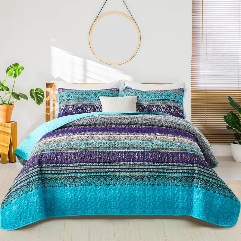 WONGS BEDDING مجموعة أغطية الأسرّة بأسلوب البوهو من WONGS، حجم كينغ، لون أزرق وبنفسجي، مجموعة أغطية أسرّة بأسلوب البوهو للسرير الملكي، غطاء سرير خفيف من القطن الميكروفيبر مثالي لجميع المواسم، مقاس 103" × 90" (3 قطعة) - Image 1