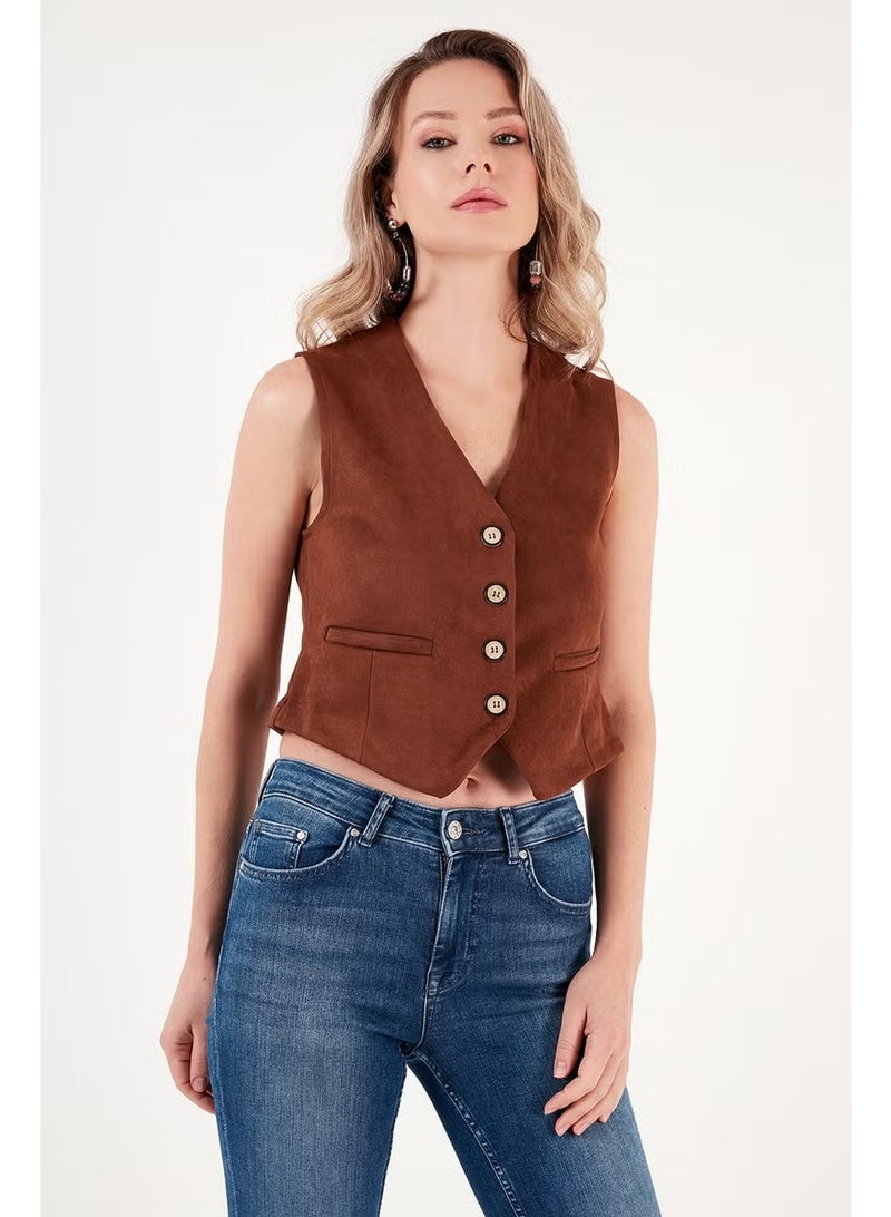 Lela Fitted V-Neck Buttoned Crop Scuba Suede Vest Women's Vest 5865576 - Image 5