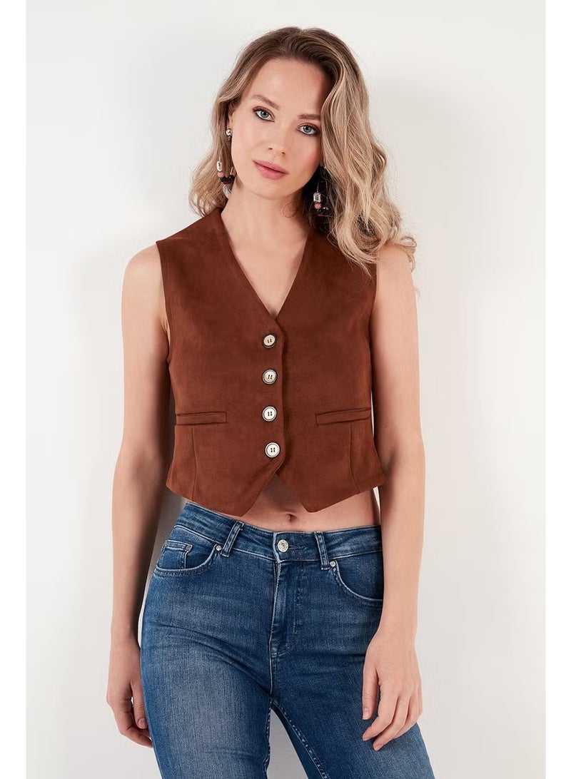 Lela Fitted V-Neck Buttoned Crop Scuba Suede Vest Women's Vest 5865576 - Image 4