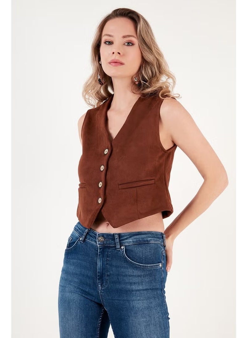 Lela Fitted V-Neck Buttoned Crop Scuba Suede Vest Women's Vest 5865576 - Image 3