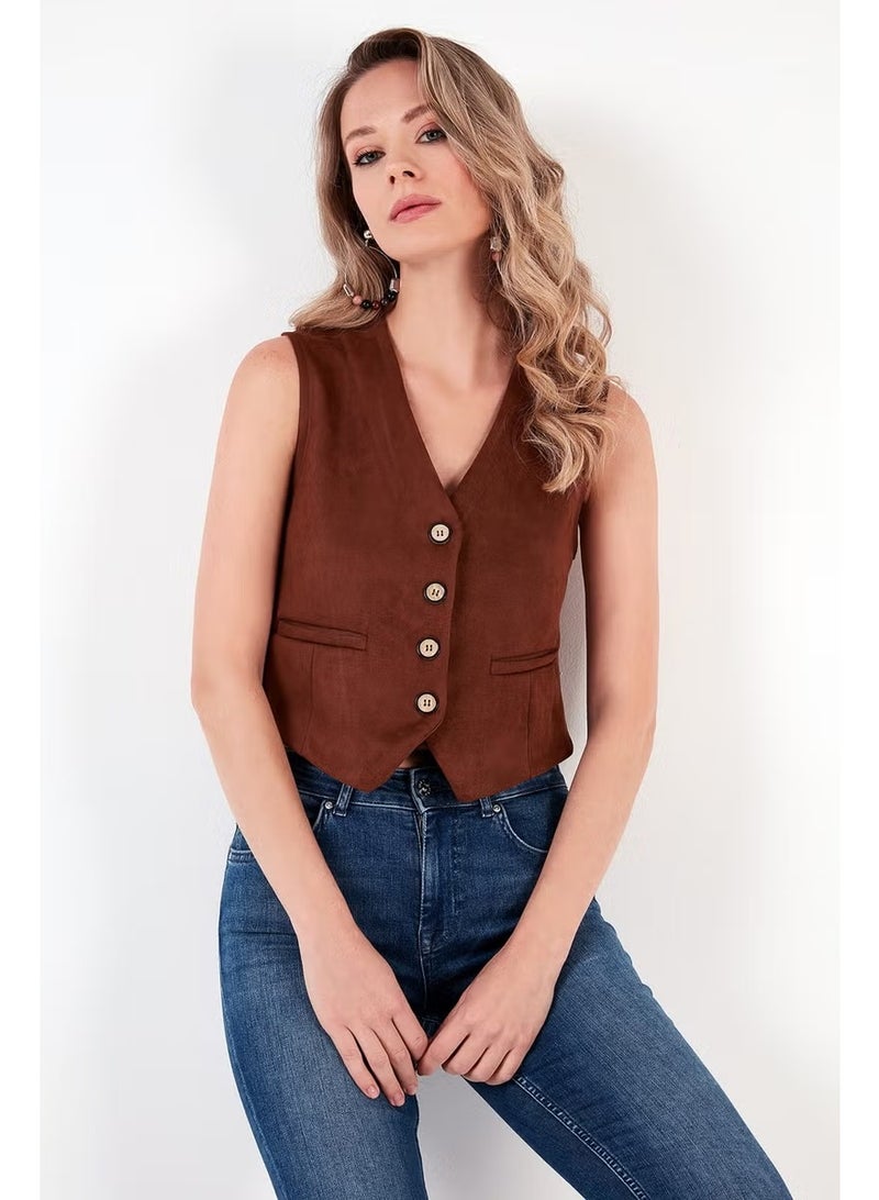 Lela Fitted V-Neck Buttoned Crop Scuba Suede Vest Women's Vest 5865576 - Image 1