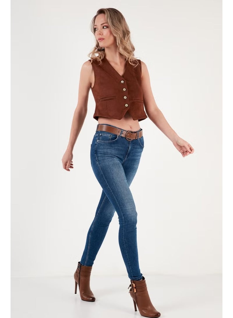 Lela Fitted V-Neck Buttoned Crop Scuba Suede Vest Women's Vest 5865576 - Image 2