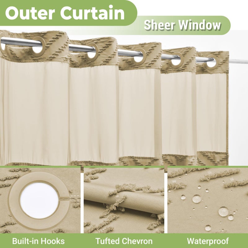 WONICY No Hook Shower Curtain with Snap in Liner, Tufted Chevron Striped Shower Curtain Set for Bathroom, Boho Waterproof and Washable Shower Curtains,71Wx74H, Khaki - Image 4
