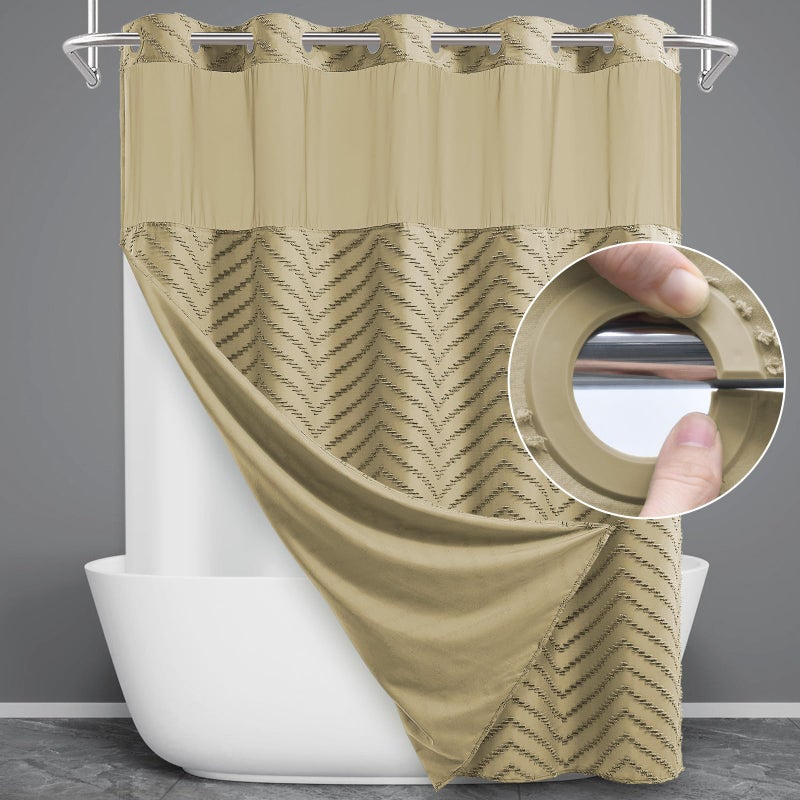 WONICY No Hook Shower Curtain with Snap in Liner, Tufted Chevron Striped Shower Curtain Set for Bathroom, Boho Waterproof and Washable Shower Curtains,71Wx74H, Khaki - Image 1