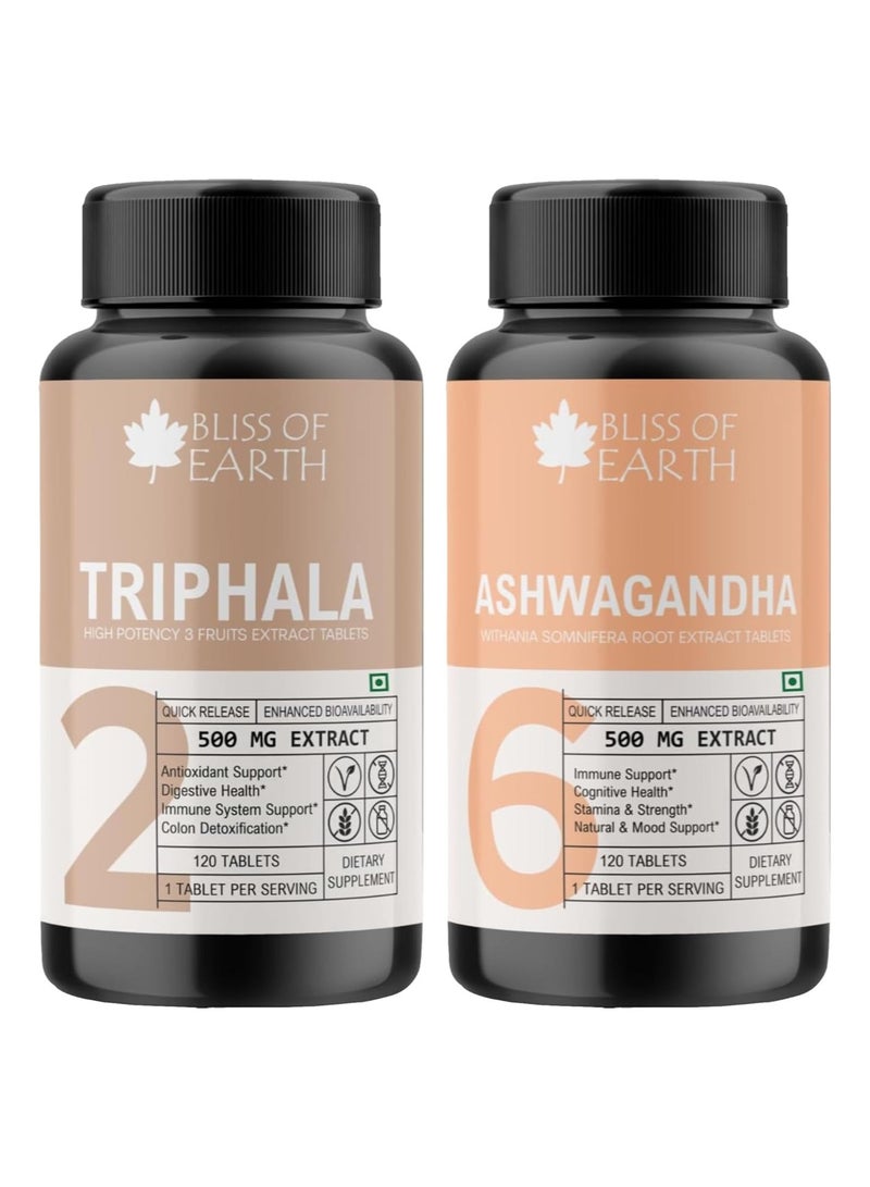 Bliss of Earth High Potency Combo of Triphala Extract Tablets 500mg and Ashwagandha Root Extract Tablets 500mg, 120 Count Each