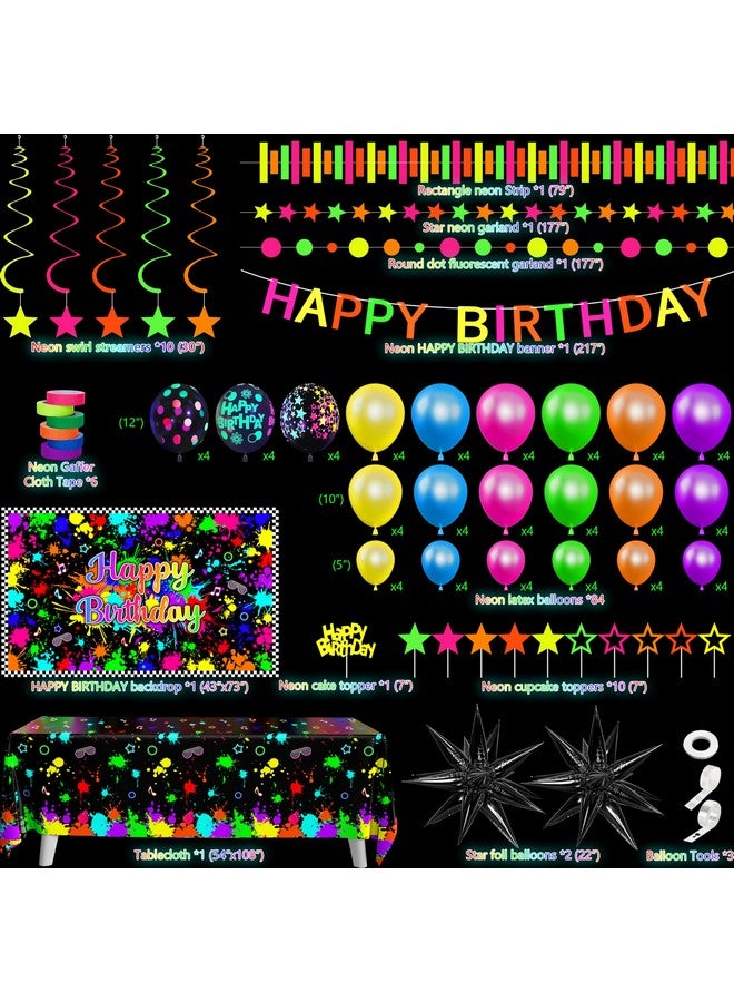 Fayoo Neon Birthday Party Decoration Glow In The Dark Party Supplies Happy Birthday Backdrop Banner Neon Fluorescent Balloons Garland Arch Star Hanging Swirl Black Light Reactive Glow Tape Neon Streamer - Image 2