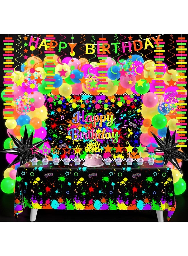 Fayoo Neon Birthday Party Decoration Glow In The Dark Party Supplies Happy Birthday Backdrop Banner Neon Fluorescent Balloons Garland Arch Star Hanging Swirl Black Light Reactive Glow Tape Neon Streamer - Image 1
