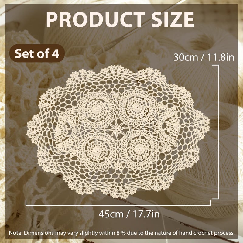 kilofly Crochet Cotton Lace Placemats Doilies 4pc, Oval, Beige, 11.8 x 17.7 inch - Image 3