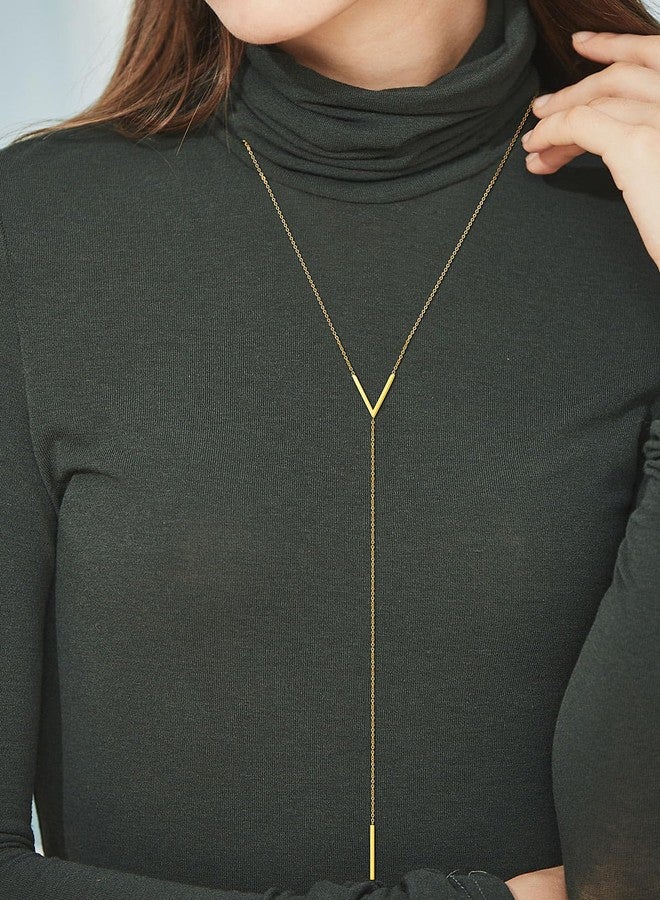 FOCALOOK Bar Pendant Y Gold Necklace Hypoallergenic Stainless Steel 14K Gold Plated Minimalist Dangle Extra Long Pendant Lariat Necklaces for Women - Image 4