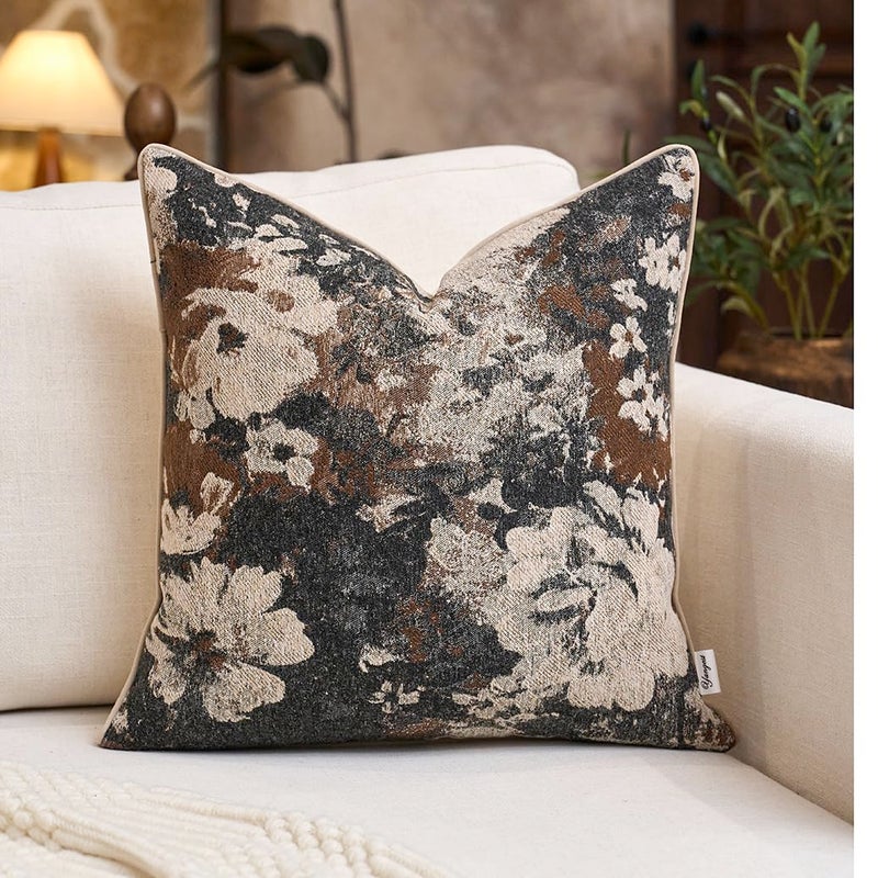 Yangest Neutral Flower Pillow Cover 18 x18 Inches, Nature Chenille Square Throw Pillow Cover Soft Luxury Accent Couch Pillow Cover for Living Room Bedroom, Coffee Brown - Image 1