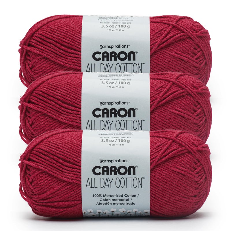 CARON خيوط كارون القطنية طوال اليوم 3 عبوات من 173 ياردة 352 أونصة أحمر شفاه 100 قطن مميز