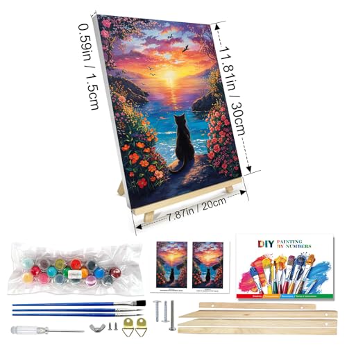 JOOZ Paint by Numbers Kit for Adults with Frame, Black Cat Paint by Number with Easel, DIY Seaside Sunset Flowers Paint by Numbers Landscape for Home Wall Decor 8 x 12 Inch - Image 2