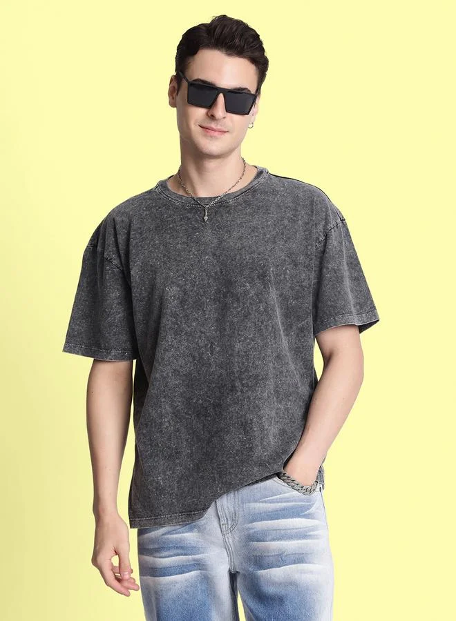 Styli Men Grey Relaxed Fit Acid Wash T-Shirt By Bene Kleed