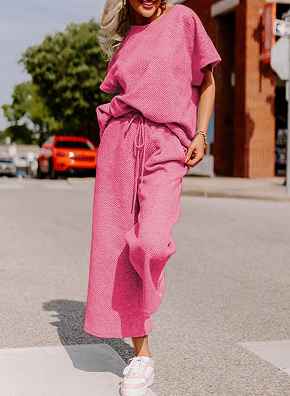 Shein SHEWIN Women's Two 2 Piece Outfits Sweatsuit Lounge Sets for Women Short Sleeve Pullover Tops Casual Loose Pants Comfy Pajamas Tracksuit Set Fall Clothes for Women 2025 Hot Pink S - Image 3