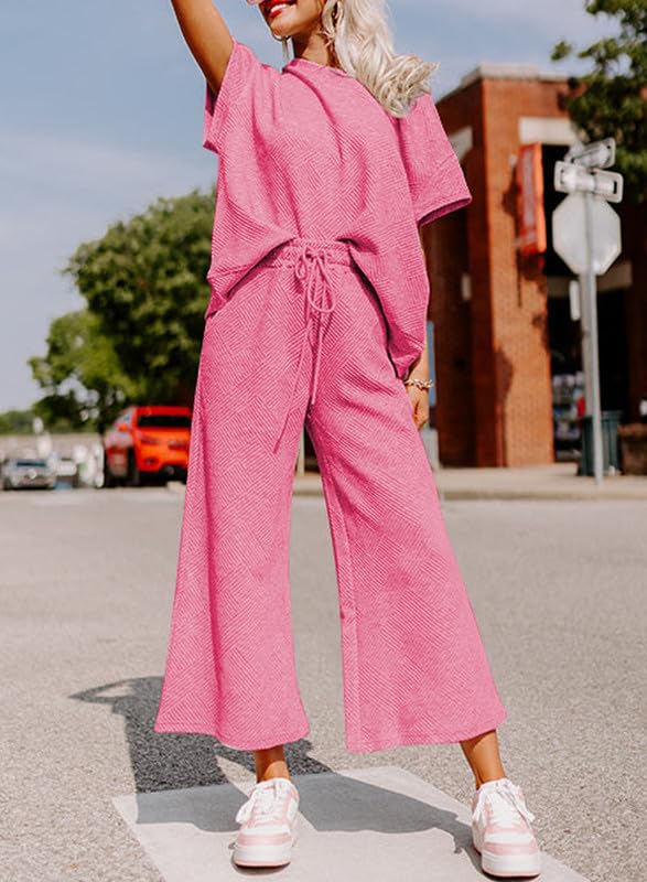 Shein SHEWIN Women's Two 2 Piece Outfits Sweatsuit Lounge Sets for Women Short Sleeve Pullover Tops Casual Loose Pants Comfy Pajamas Tracksuit Set Fall Clothes for Women 2025 Hot Pink S - Image 4