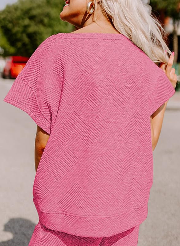 Shein SHEWIN Women's Two 2 Piece Outfits Sweatsuit Lounge Sets for Women Short Sleeve Pullover Tops Casual Loose Pants Comfy Pajamas Tracksuit Set Fall Clothes for Women 2025 Hot Pink S - Image 5