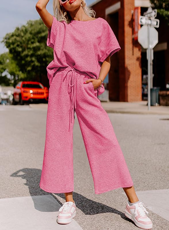 Shein SHEWIN Women's Two 2 Piece Outfits Sweatsuit Lounge Sets for Women Short Sleeve Pullover Tops Casual Loose Pants Comfy Pajamas Tracksuit Set Fall Clothes for Women 2025 Hot Pink S - Image 2