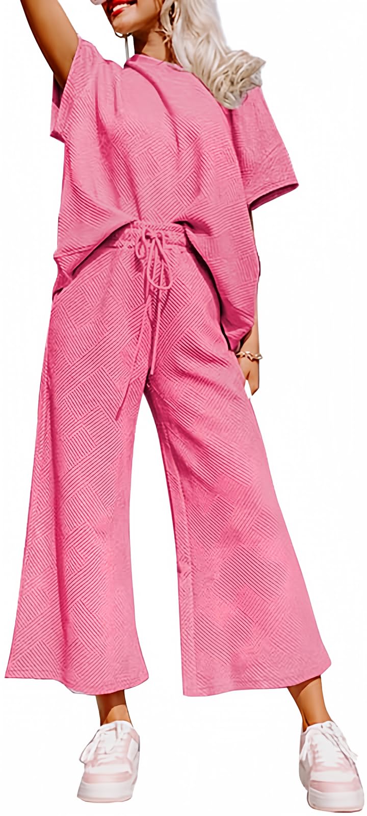 Shein SHEWIN Women's Two 2 Piece Outfits Sweatsuit Lounge Sets for Women Short Sleeve Pullover Tops Casual Loose Pants Comfy Pajamas Tracksuit Set Fall Clothes for Women 2025 Hot Pink S - Image 1