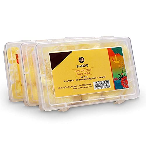 Swaha Premium Cow Ghee Diya Batti (30 Pieces), 30min Burning Time, Wax Free Cow ghee Diya batti - Pack of 3 - Image 1