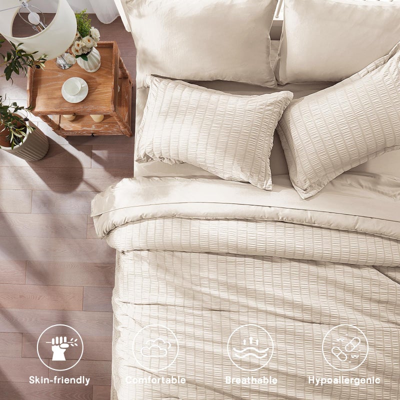 Zzlpp Beige Queen Comforter Set 7 Pieces, Seersucker Bed in a Bag for Bedroom, All Season Bedding Sets with 1 Comforter, 2 Pillow Shams, 2 Pillowcases, 1 Flat Sheet, 1 Fitted Sheet - Image 3